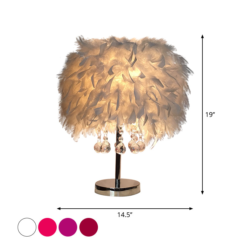 Feather Round Night Stand Lamp Contemporary 1-Bulb Red/Pink/Purple Table Light with Crystal Drop and White/Chrome Base Clearhalo 'Lamps' 'Table Lamps' Lighting' 1984976