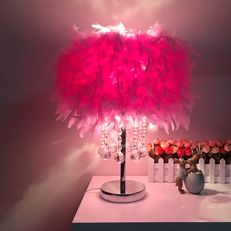Feather Round Night Stand Lamp Contemporary 1-Bulb Red/Pink/Purple Table Light with Crystal Drop and White/Chrome Base Chrome Pink Clearhalo 'Lamps' 'Table Lamps' Lighting' 1984977