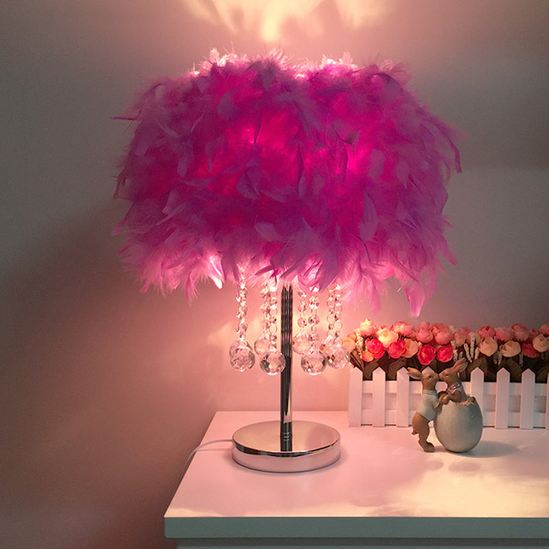 Feather Round Night Stand Lamp Contemporary 1-Bulb Red/Pink/Purple Table Light with Crystal Drop and White/Chrome Base Chrome Purple Clearhalo 'Lamps' 'Table Lamps' Lighting' 1984978
