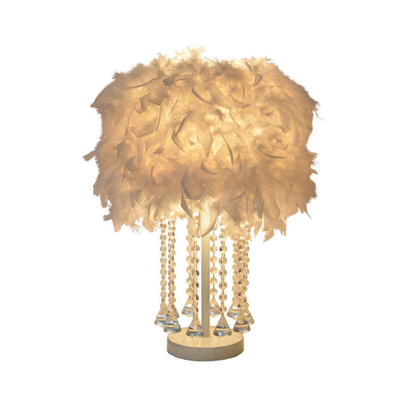 1-Light Girls Room Night Lamp Modern Pink/Purple/White Table Light with Cylindrical Feather Shade White Clearhalo 'Lamps' 'Table Lamps' Lighting' 1984980
