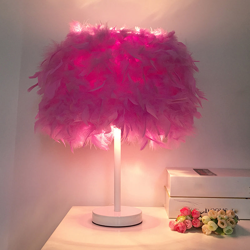 1-Light Girls Room Night Lamp Modern Pink/Purple/White Table Light with Cylindrical Feather Shade Purple Clearhalo 'Lamps' 'Table Lamps' Lighting' 1984983