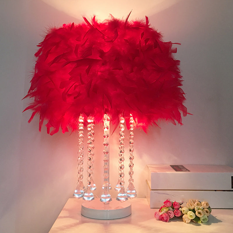 1-Light Girls Room Night Lamp Modern Pink/Purple/White Table Light with Cylindrical Feather Shade Red Clearhalo 'Lamps' 'Table Lamps' Lighting' 1984984