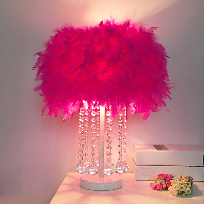 1-Light Girls Room Night Lamp Modern Pink/Purple/White Table Light with Cylindrical Feather Shade Peach Clearhalo 'Lamps' 'Table Lamps' Lighting' 1984986