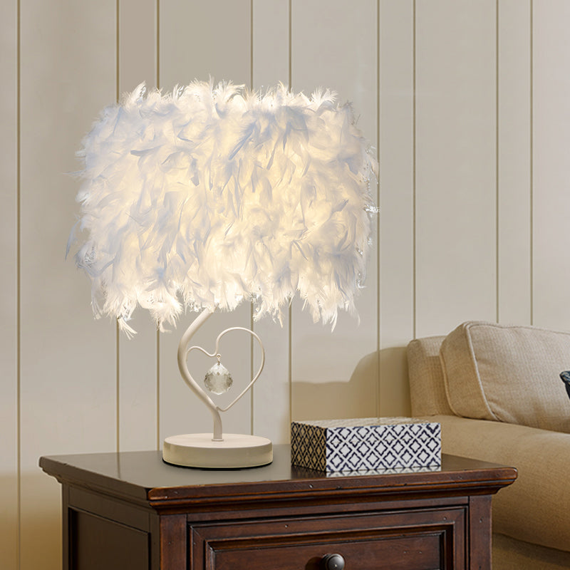 Drum Living Room Table Light Feather Single Modern Nightstand Lamp in White/Pink/Burgundy with Heart Frame and Crystal Orb Clearhalo 'Lamps' 'Table Lamps' Lighting' 1984989