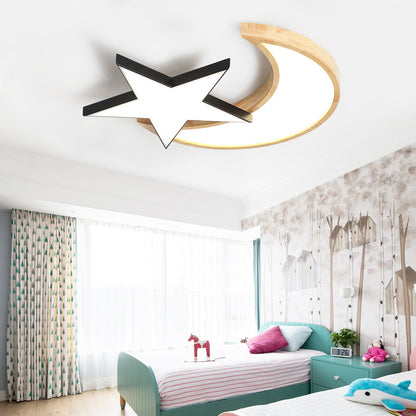 Crescent & Moon Flush Ceiling Light Acrylic Wood Nordic LED Ceiling Lamp for Kindergarten Black Clearhalo 'Ceiling Lights' 'Close To Ceiling Lights' 'Close to ceiling' 'Flush mount' Lighting' 198499