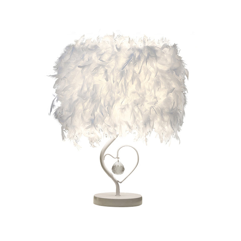 Drum Living Room Table Light Feather Single Modern Nightstand Lamp in White/Pink/Burgundy with Heart Frame and Crystal Orb Clearhalo 'Lamps' 'Table Lamps' Lighting' 1984990