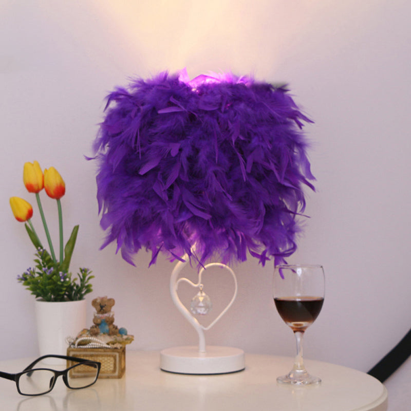 Drum Living Room Table Light Feather Single Modern Nightstand Lamp in White/Pink/Burgundy with Heart Frame and Crystal Orb Purple Clearhalo 'Lamps' 'Table Lamps' Lighting' 1984992