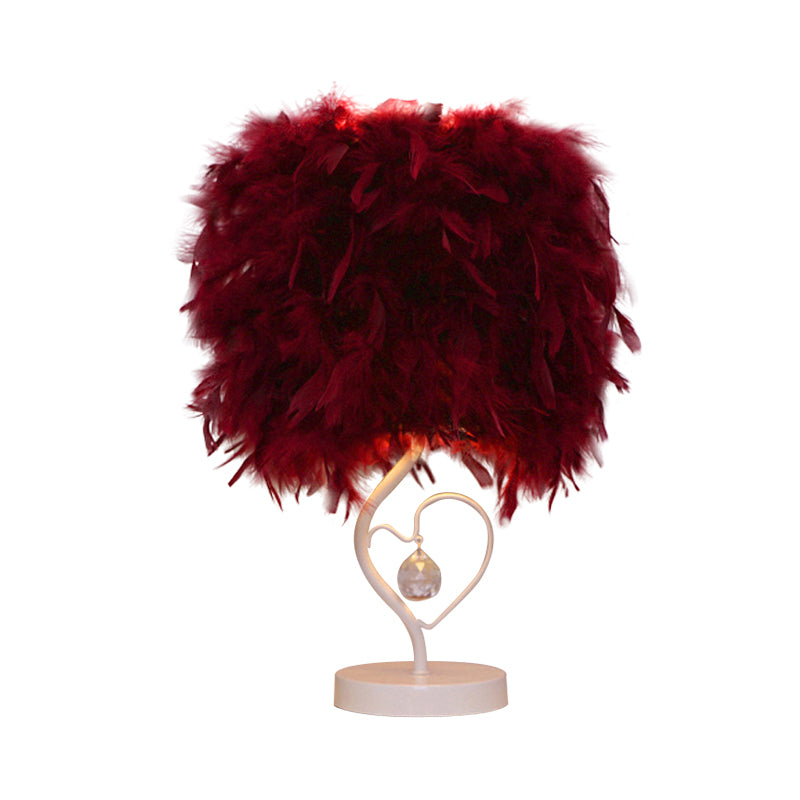 Drum Living Room Table Light Feather Single Modern Nightstand Lamp in White/Pink/Burgundy with Heart Frame and Crystal Orb Clearhalo 'Lamps' 'Table Lamps' Lighting' 1984996
