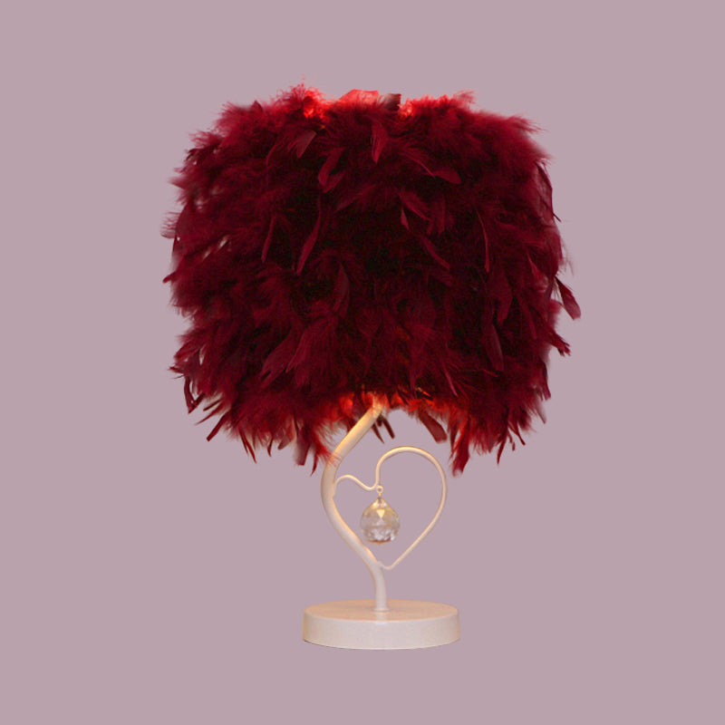 Drum Living Room Table Light Feather Single Modern Nightstand Lamp in White/Pink/Burgundy with Heart Frame and Crystal Orb Clearhalo 'Lamps' 'Table Lamps' Lighting' 1984997