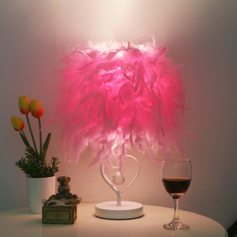 Drum Living Room Table Light Feather Single Modern Nightstand Lamp in White/Pink/Burgundy with Heart Frame and Crystal Orb Pink Clearhalo 'Lamps' 'Table Lamps' Lighting' 1984999