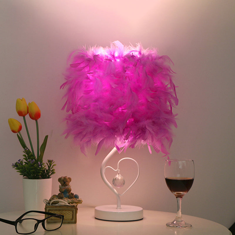 Drum Living Room Table Light Feather Single Modern Nightstand Lamp in White/Pink/Burgundy with Heart Frame and Crystal Orb Light Purple Clearhalo 'Lamps' 'Table Lamps' Lighting' 1985001