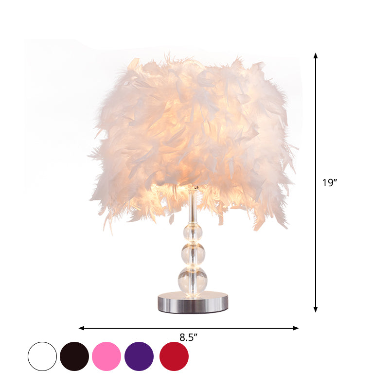 Minimalist Cylinder Night Light Feather 1 Head Bedroom Table Lamp in Red/Pink/Purple with Bubble Crystal Pedestal Clearhalo 'Lamps' 'Table Lamps' Lighting' 1985006