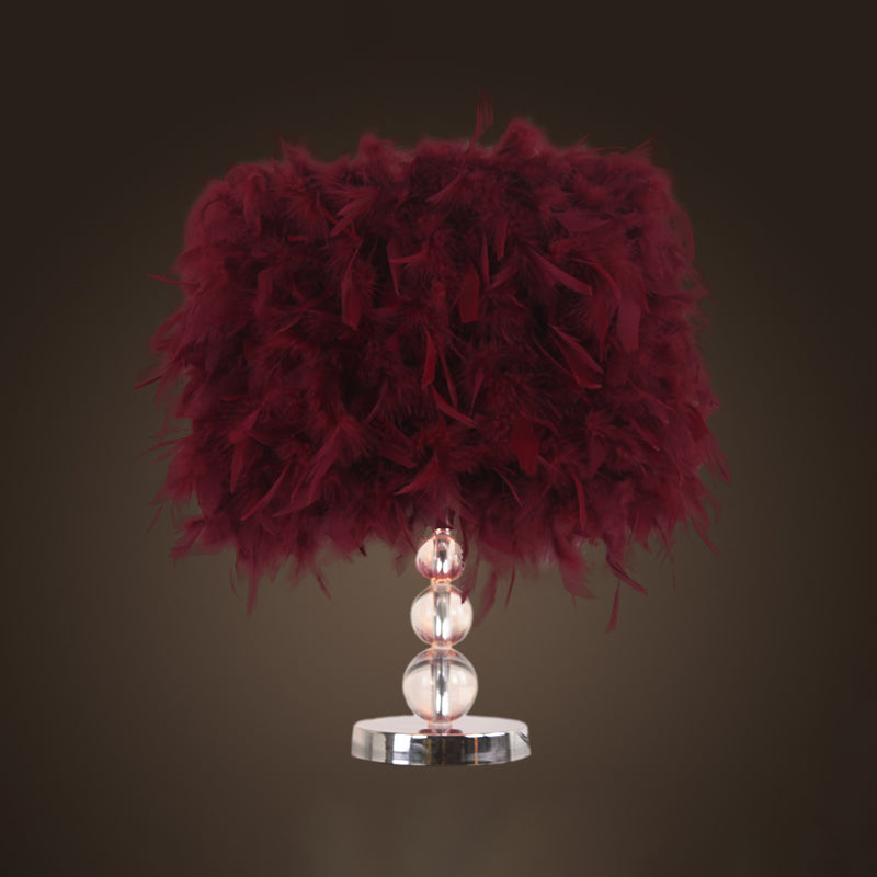 Minimalist Cylinder Night Light Feather 1 Head Bedroom Table Lamp in Red/Pink/Purple with Bubble Crystal Pedestal Burgundy Clearhalo 'Lamps' 'Table Lamps' Lighting' 1985007