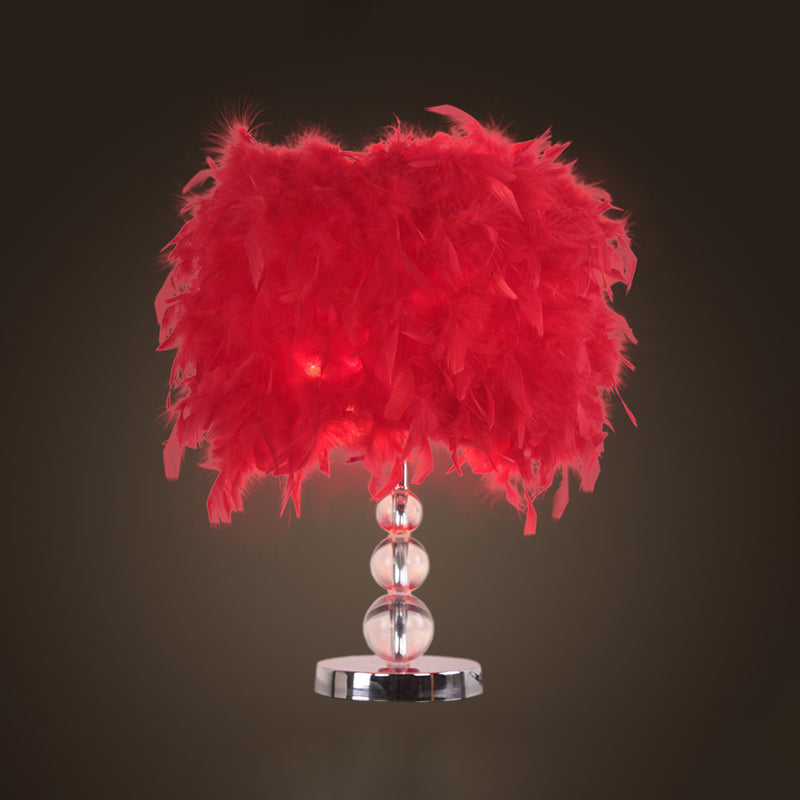 Minimalist Cylinder Night Light Feather 1 Head Bedroom Table Lamp in Red/Pink/Purple with Bubble Crystal Pedestal Red Clearhalo 'Lamps' 'Table Lamps' Lighting' 1985010