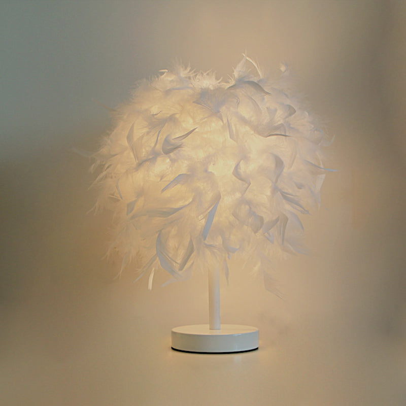 Cylinder Nightstand Lamp Nordic Feather 1 Bulb White/Chrome Table Light for Bedroom, 10"/14" Width White 10" Clearhalo 'Lamps' 'Table Lamps' Lighting' 1985011