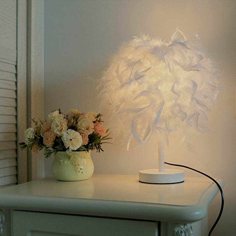 Cylinder Nightstand Lamp Nordic Feather 1 Bulb White/Chrome Table Light for Bedroom, 10"/14" Width Clearhalo 'Lamps' 'Table Lamps' Lighting' 1985012