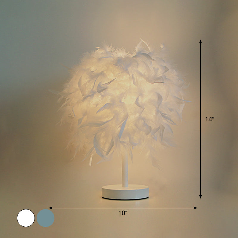 Cylinder Nightstand Lamp Nordic Feather 1 Bulb White/Chrome Table Light for Bedroom, 10"/14" Width Clearhalo 'Lamps' 'Table Lamps' Lighting' 1985013