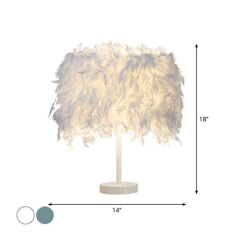 Cylinder Nightstand Lamp Nordic Feather 1 Bulb White/Chrome Table Light for Bedroom, 10"/14" Width Clearhalo 'Lamps' 'Table Lamps' Lighting' 1985017