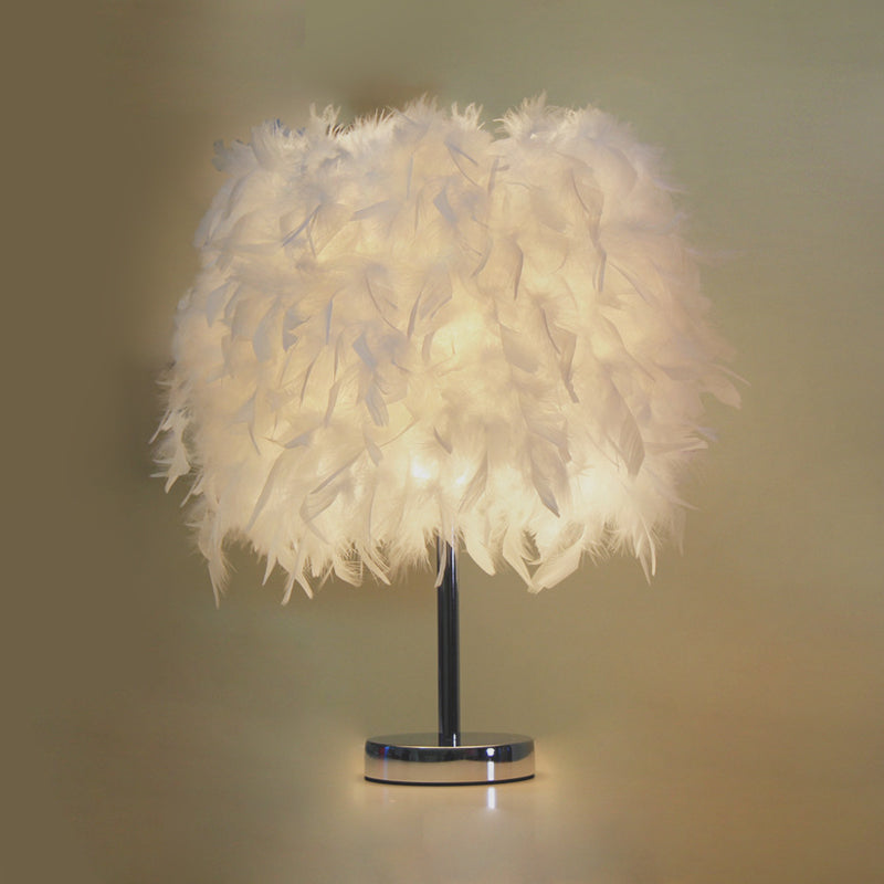 Cylinder Nightstand Lamp Nordic Feather 1 Bulb White/Chrome Table Light for Bedroom, 10"/14" Width Clearhalo 'Lamps' 'Table Lamps' Lighting' 1985022