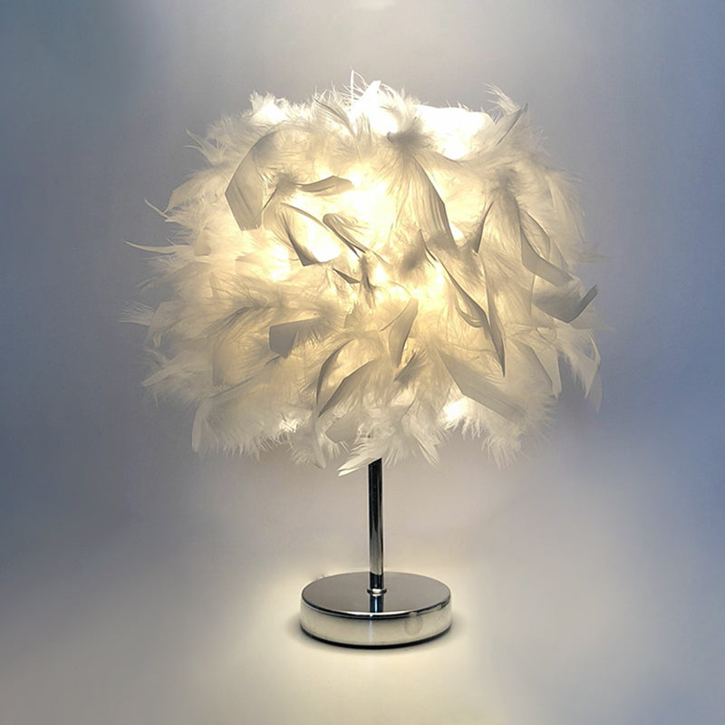 8.5"/10" Wide Ball Shaped Table Light Simple Feather Single Kids Room Night Stand Lamp in White/Chrome Clearhalo 'Lamps' 'Table Lamps' Lighting' 1985029