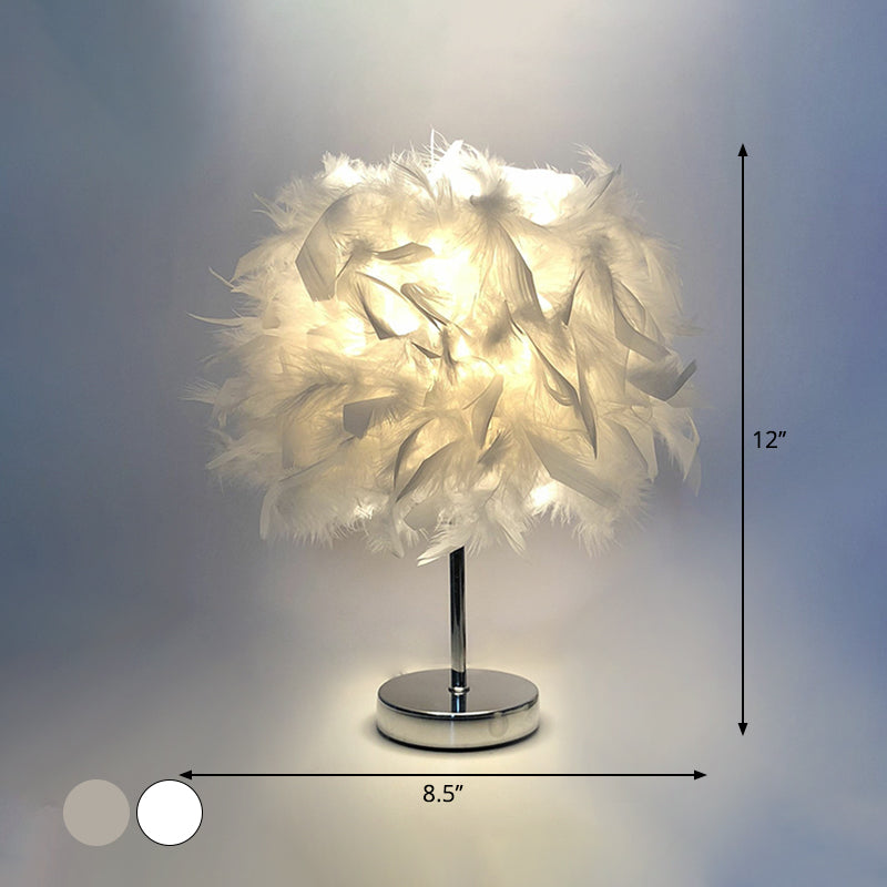 8.5"/10" Wide Ball Shaped Table Light Simple Feather Single Kids Room Night Stand Lamp in White/Chrome Clearhalo 'Lamps' 'Table Lamps' Lighting' 1985030