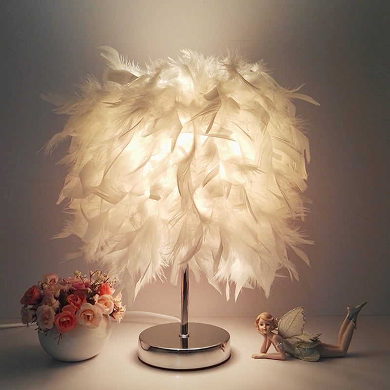 8.5"/10" Wide Ball Shaped Table Light Simple Feather Single Kids Room Night Stand Lamp in White/Chrome Chrome 10" Clearhalo 'Lamps' 'Table Lamps' Lighting' 1985031