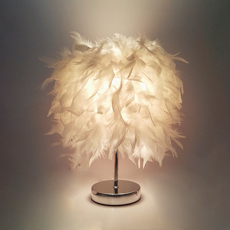 8.5"/10" Wide Ball Shaped Table Light Simple Feather Single Kids Room Night Stand Lamp in White/Chrome Clearhalo 'Lamps' 'Table Lamps' Lighting' 1985032
