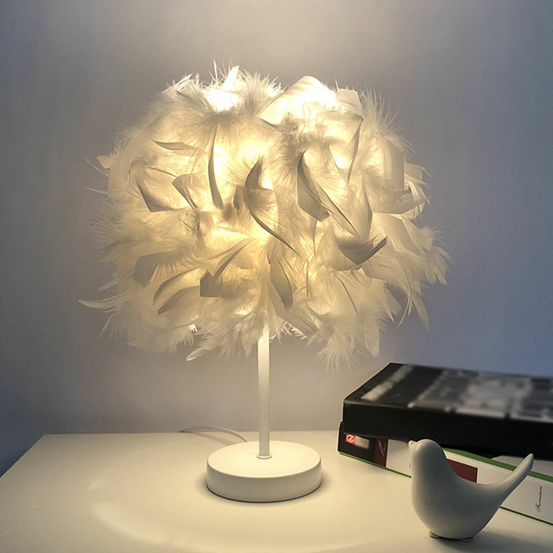 8.5"/10" Wide Ball Shaped Table Light Simple Feather Single Kids Room Night Stand Lamp in White/Chrome White 8.5" Clearhalo 'Lamps' 'Table Lamps' Lighting' 1985034