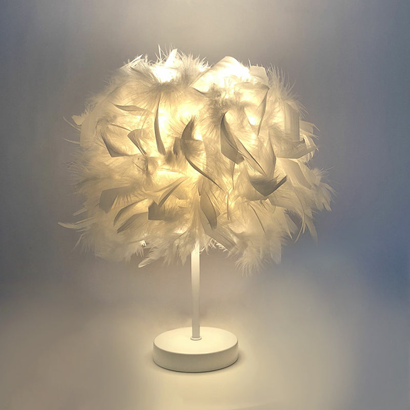 8.5"/10" Wide Ball Shaped Table Light Simple Feather Single Kids Room Night Stand Lamp in White/Chrome Clearhalo 'Lamps' 'Table Lamps' Lighting' 1985035