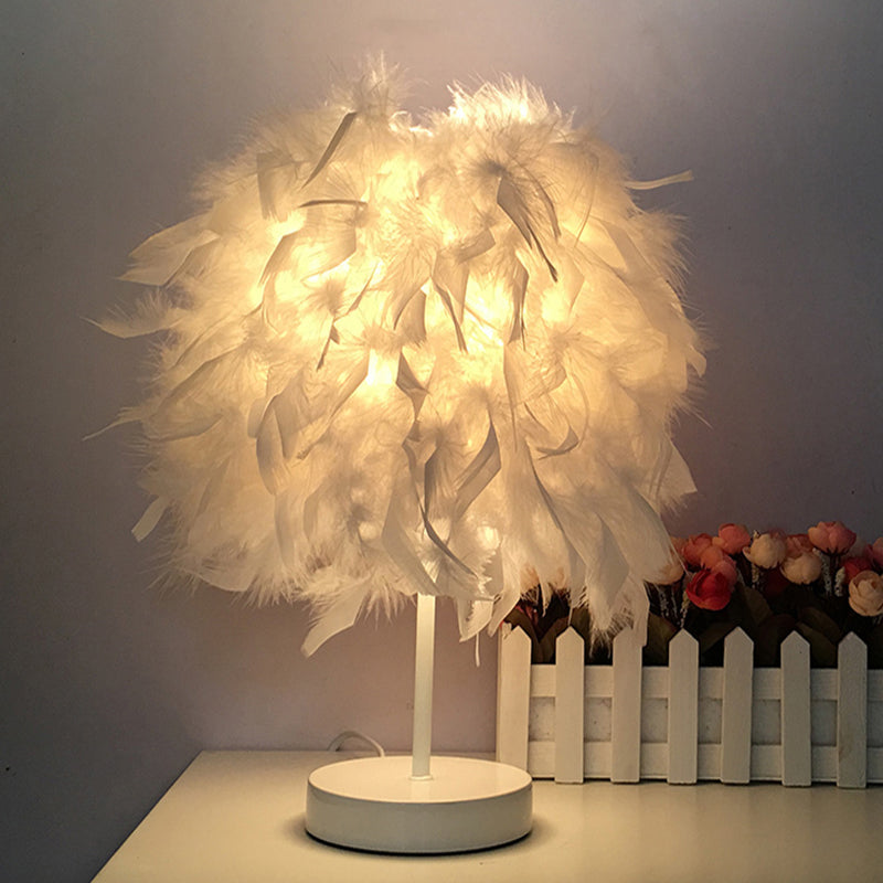 8.5"/10" Wide Ball Shaped Table Light Simple Feather Single Kids Room Night Stand Lamp in White/Chrome White 10" Clearhalo 'Lamps' 'Table Lamps' Lighting' 1985036