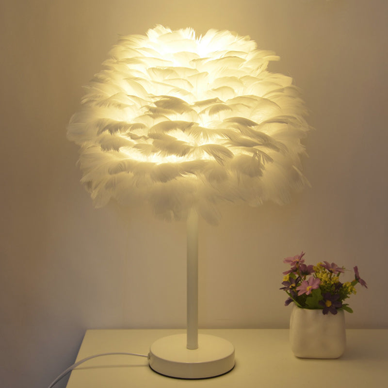 Goose Feather Dome Night Light Nordic 1 Bulb Grey/White/Pink Table Lamp with Tripod/Straight Stand in Black/White/Wood White White Clearhalo 'Lamps' 'Table Lamps' Lighting' 1985045