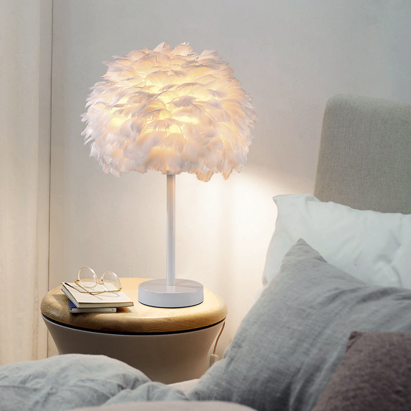 Goose Feather Dome Night Light Nordic 1 Bulb Grey/White/Pink Table Lamp with Tripod/Straight Stand in Black/White/Wood Clearhalo 'Lamps' 'Table Lamps' Lighting' 1985046