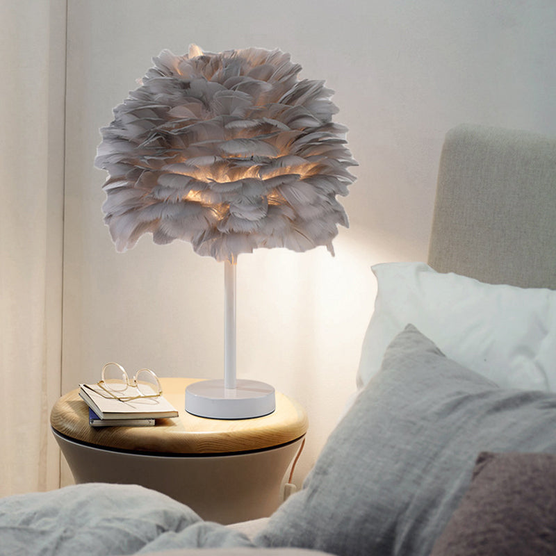 Goose Feather Dome Night Light Nordic 1 Bulb Grey/White/Pink Table Lamp with Tripod/Straight Stand in Black/White/Wood White Gray Clearhalo 'Lamps' 'Table Lamps' Lighting' 1985049
