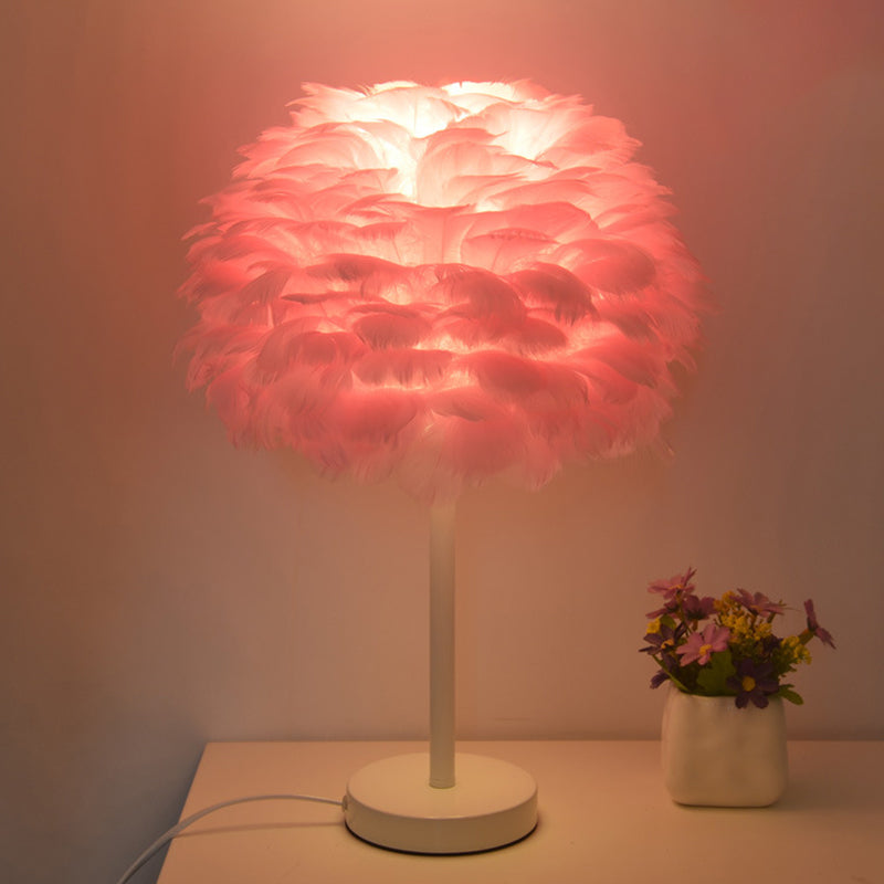 Goose Feather Dome Night Light Nordic 1 Bulb Grey/White/Pink Table Lamp with Tripod/Straight Stand in Black/White/Wood White Pink Clearhalo 'Lamps' 'Table Lamps' Lighting' 1985051