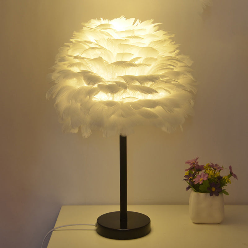 Goose Feather Dome Night Light Nordic 1 Bulb Grey/White/Pink Table Lamp with Tripod/Straight Stand in Black/White/Wood Black White Clearhalo 'Lamps' 'Table Lamps' Lighting' 1985053