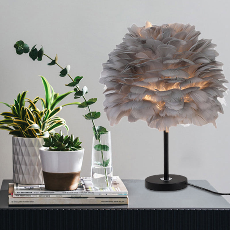 Goose Feather Dome Night Light Nordic 1 Bulb Grey/White/Pink Table Lamp with Tripod/Straight Stand in Black/White/Wood Black Gray Clearhalo 'Lamps' 'Table Lamps' Lighting' 1985056