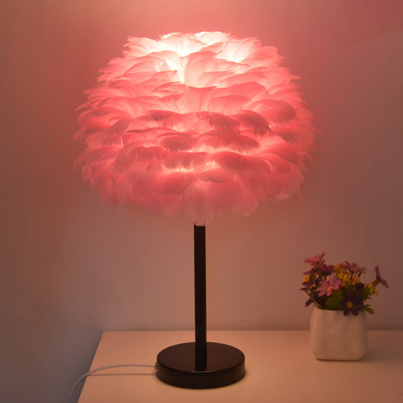 Goose Feather Dome Night Light Nordic 1 Bulb Grey/White/Pink Table Lamp with Tripod/Straight Stand in Black/White/Wood Black Pink Clearhalo 'Lamps' 'Table Lamps' Lighting' 1985058