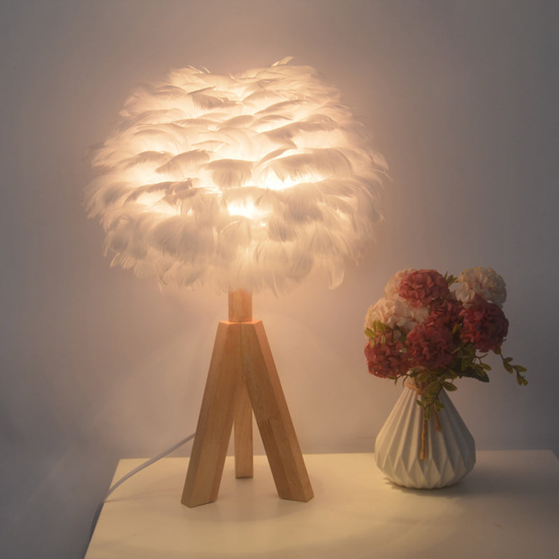 Goose Feather Dome Night Light Nordic 1 Bulb Grey/White/Pink Table Lamp with Tripod/Straight Stand in Black/White/Wood Wood White Clearhalo 'Lamps' 'Table Lamps' Lighting' 1985060