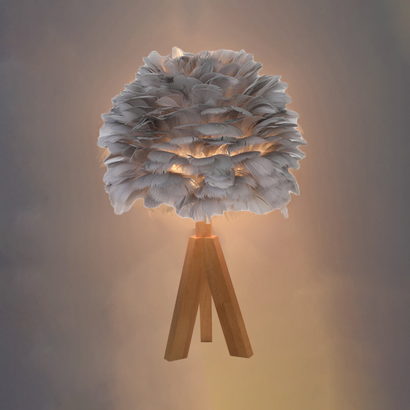 Goose Feather Dome Night Light Nordic 1 Bulb Grey/White/Pink Table Lamp with Tripod/Straight Stand in Black/White/Wood Clearhalo 'Lamps' 'Table Lamps' Lighting' 1985064