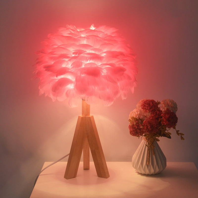 Goose Feather Dome Night Light Nordic 1 Bulb Grey/White/Pink Table Lamp with Tripod/Straight Stand in Black/White/Wood Wood Pink Clearhalo 'Lamps' 'Table Lamps' Lighting' 1985065