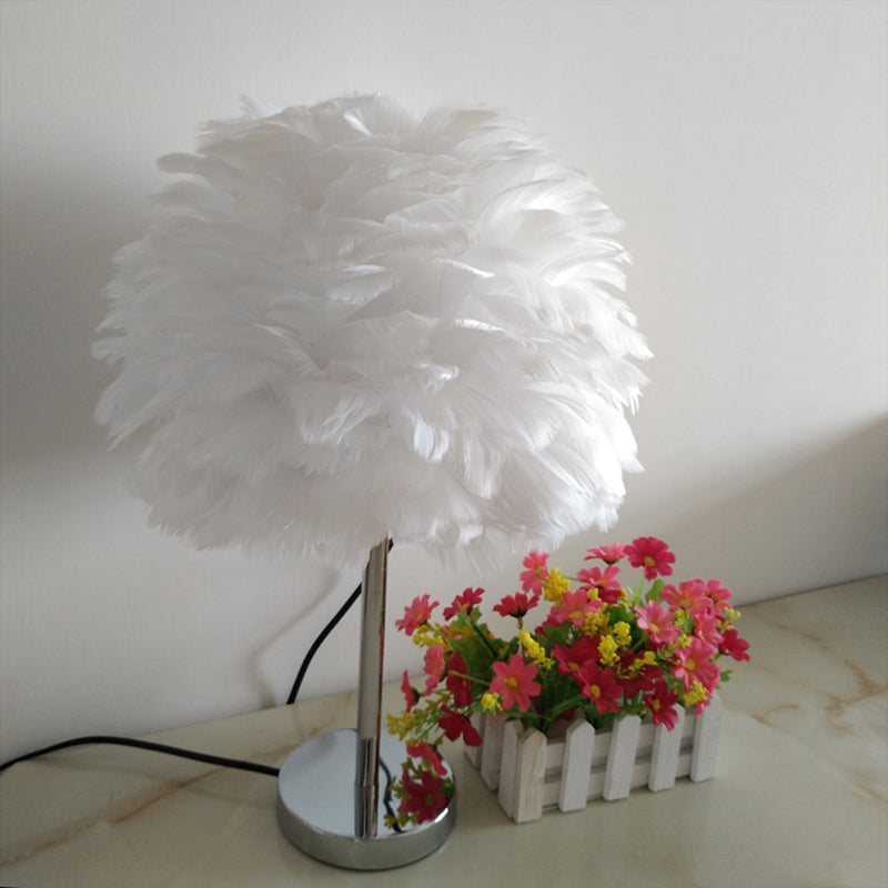 Modern Artichoke Plug-in Table Light Feather 1 Light Girls Room Nightstand Lamp in Pink/Grey/White White Clearhalo 'Lamps' 'Table Lamps' Lighting' 1985067