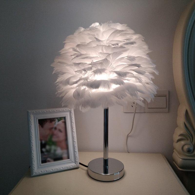 Modern Artichoke Plug-in Table Light Feather 1 Light Girls Room Nightstand Lamp in Pink/Grey/White Clearhalo 'Lamps' 'Table Lamps' Lighting' 1985069