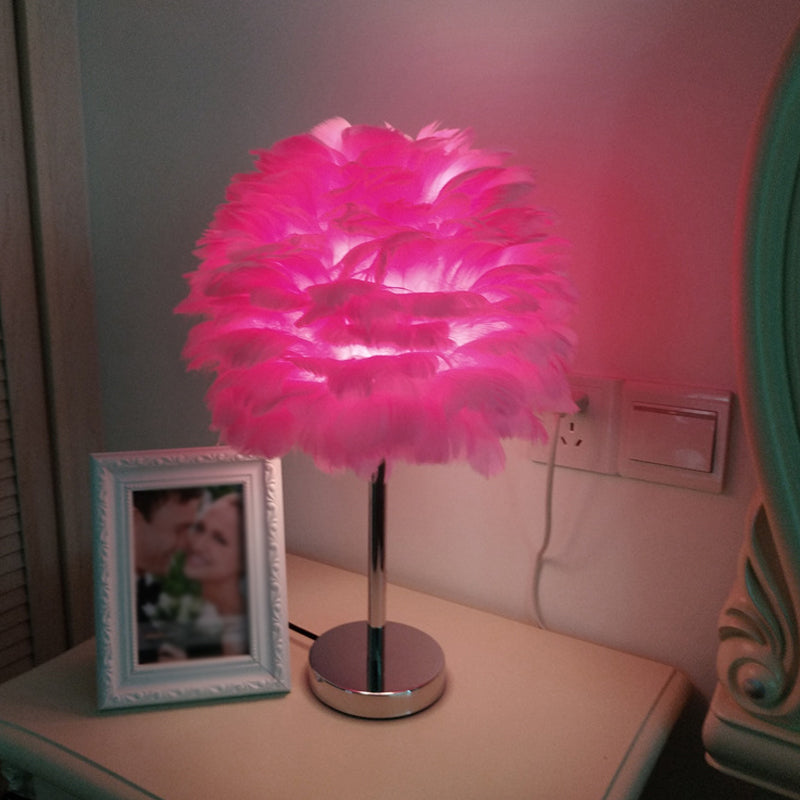 Modern Artichoke Plug-in Table Light Feather 1 Light Girls Room Nightstand Lamp in Pink/Grey/White Red Clearhalo 'Lamps' 'Table Lamps' Lighting' 1985075