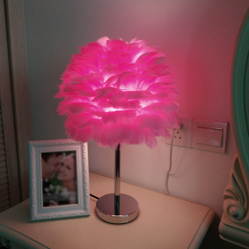 Modern Artichoke Plug-in Table Light Feather 1 Light Girls Room Nightstand Lamp in Pink/Grey/White Red Clearhalo 'Lamps' 'Table Lamps' Lighting' 1985075