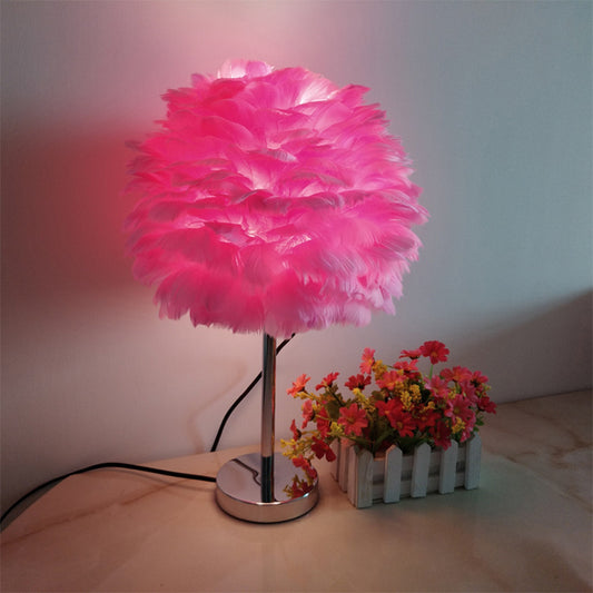 Modern Artichoke Plug-in Table Light Feather 1 Light Girls Room Nightstand Lamp in Pink/Grey/White Clearhalo 'Lamps' 'Table Lamps' Lighting' 1985076