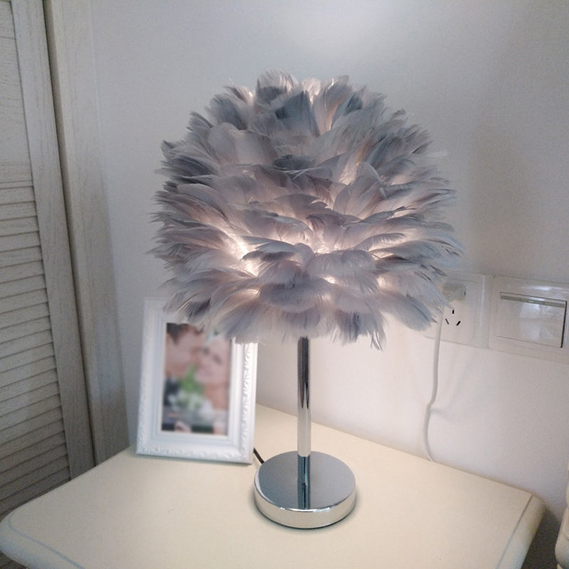 Modern Artichoke Plug-in Table Light Feather 1 Light Girls Room Nightstand Lamp in Pink/Grey/White Clearhalo 'Lamps' 'Table Lamps' Lighting' 1985078
