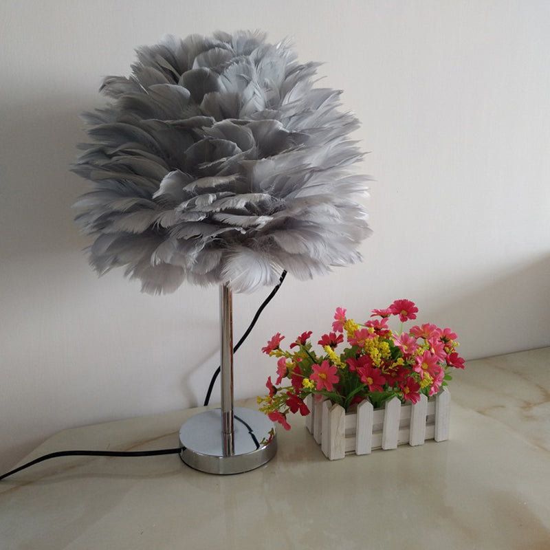 Modern Artichoke Plug-in Table Light Feather 1 Light Girls Room Nightstand Lamp in Pink/Grey/White Clearhalo 'Lamps' 'Table Lamps' Lighting' 1985079