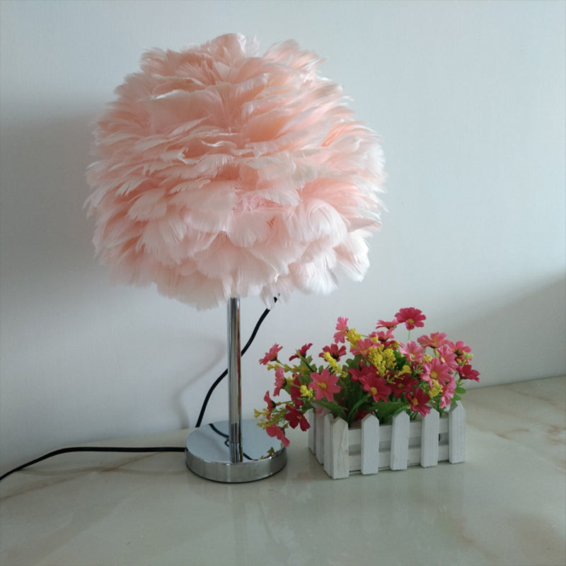 Modern Artichoke Plug-in Table Light Feather 1 Light Girls Room Nightstand Lamp in Pink/Grey/White Pink Clearhalo 'Lamps' 'Table Lamps' Lighting' 1985080
