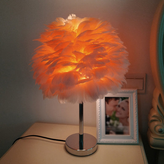 Modern Artichoke Plug-in Table Light Feather 1 Light Girls Room Nightstand Lamp in Pink/Grey/White Clearhalo 'Lamps' 'Table Lamps' Lighting' 1985081