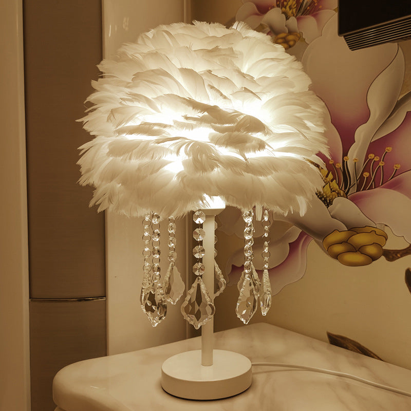 Hemisphere Feather Table Lamp Modern Single-Bulb Grey/White/Pink Night Light with Crystal Ball/Drop Clearhalo 'Lamps' 'Table Lamps' Lighting' 1985084
